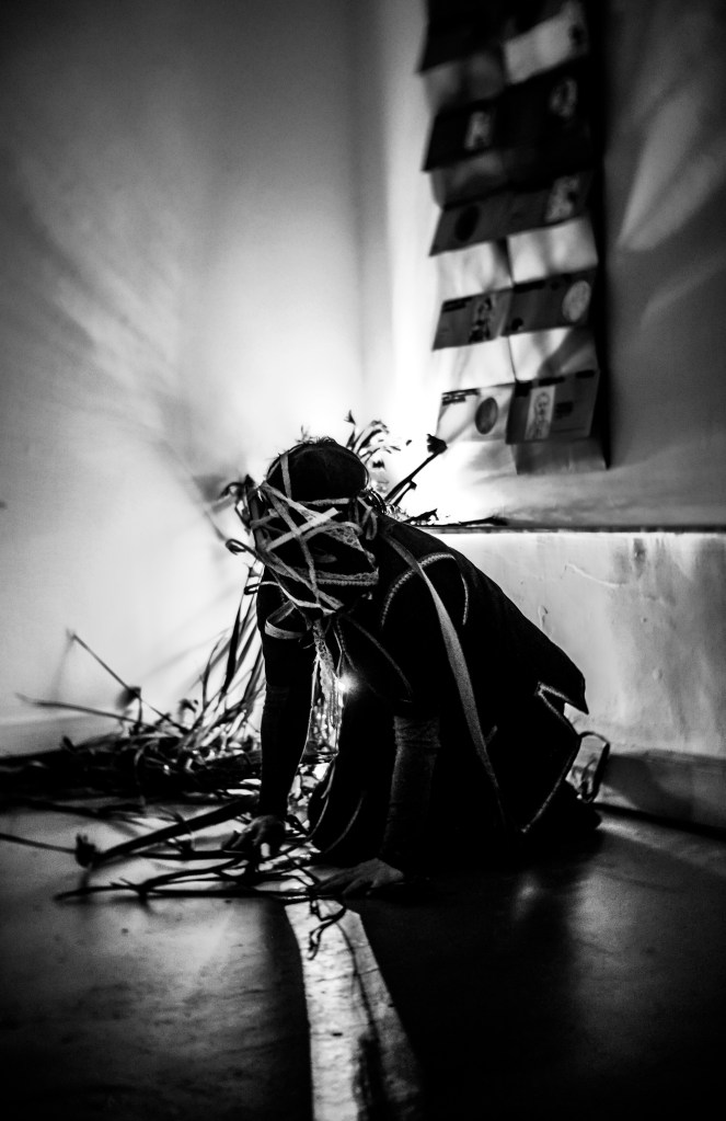 Nia Davies performing at Re:Sighting: The Fragility of Idyls for Penny Hallas's exhibition 15-3-26. Photo by Cheye Carwyn Williams Mcfarland @cheye.foto.